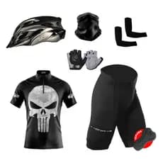 Kit Conjunto Ciclismo Camisa Proteção UV Bermuda C/ Forro + Capacete Ciclismo + Luva + Manguito + Bandana