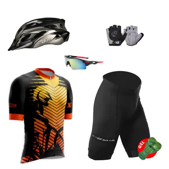 Kit Conjunto Ciclismo Camisa Proteção UV Bermuda C/ Gel + Capacete Ciclismo + Luva + Óculos