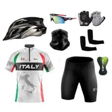 Kit Ciclismo Camisa e Bermuda + Capacete Ciclismo + Luvas + Óculos de Proteção + Manguito + Bandana
