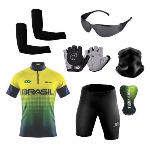 Kit Ciclismo Conjunto Camisa e Bermuda + Par de Luvas + Óculos de Proteção + Manguitos + Bandana