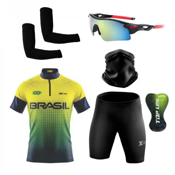 Kit Ciclismo Conjunto Camisa e Bermuda + Óculos de Proteção Espelhado + Par de Manguitos + Bandana