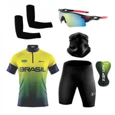 Kit Ciclismo Conjunto Camisa e Bermuda + Óculos de Proteção Espelhado + Par de Manguitos + Bandana