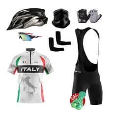 Kit Conjunto Ciclismo Camisa Proteção Uv Bretelle Forro em Gel + Capacete Ciclismo + Luva + Óculos + Manguito + Bandana