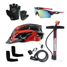 Kit Ciclismo Capacete + Luva + Óculos Esportivo + Manguito + Bomba de Ar + Cadeado de Bicicleta