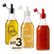 Kit 3/2/1 Galheteiros de Vidro 200ml com Bico Dosador para Azeite, Vinagre, Óleo, Shoyu e Pimenta