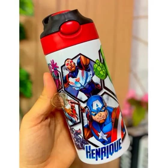 Garrafa térmica infantil personalizada VINGADORES marvel, Garrafinha personalizada Herois
