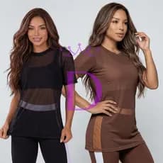 KIT 2 Blusa Tule Transparente Fitness Feminina Longa com Manga camisa tule camisetão Academia Conforto Verão