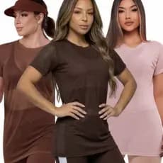 KIT 3 Blusa Tule Transparente Fitness Feminina Longa com Manga camisa tule camisetão Academia Conforto Verão de Treino