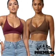 KIT 2 Top Fitness Feminina Premium Duplo Alta Sustentação com Costura Reforçada Cropped