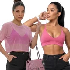 Kit 02 peças Cropped de Tule Transparente + Top Suplex duplo forrado Tendência Moda Fitness