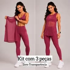 Kit 3 Peças Feminino Academia Regata Tule + Top + Calça Legging Premium Zero Transparência