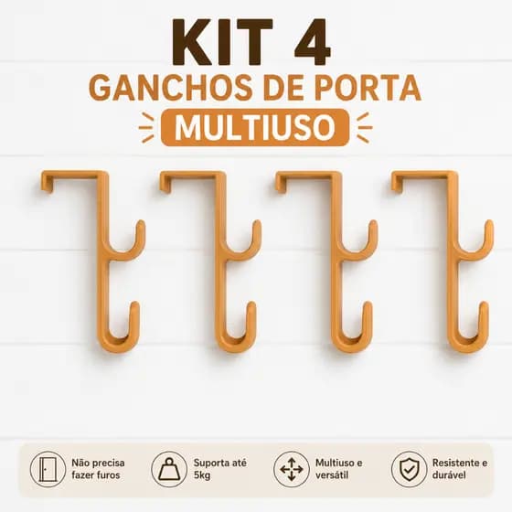 Kit com 2 ou 4 Ganchos de Porta Duplo Sem Furo Suporte Para Roupas Toalhas Bolsa