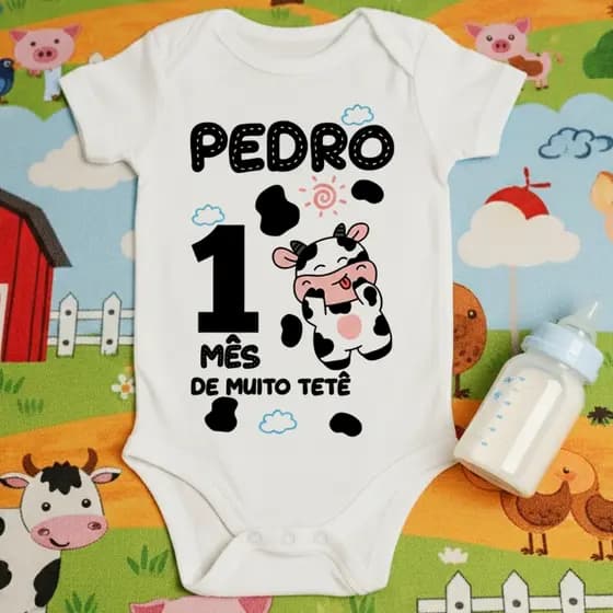 Body de Bebê Personalizado Com Nome Meu Tetê Fazendinha Vaquinha Mês Aniversário Mêsversário