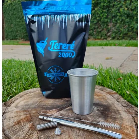 KIT Erva Mate Tereré 2000 Ultra Menta 500g  + Copo em Alumínio 300ML + Bomba de Tereré Inox + Escova p/ Limpeza