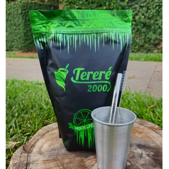 KIT Erva Mate Tereré 2000 Menta e Limão 500g  + Copo em Alumínio 300ML + Bomba de Tereré Inox + Escova p/ Limpeza