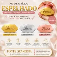 Aplique Placa Tag, Etiqueta Personalizado , Acrílico Espelhado Dourado - Rosê - Prata  Personalizado