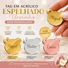 Aplique Tag Urso Acrílico Espelhado Com Nome Gravado Personalizado