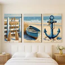 Kit 3 Quadros Decorativos Marítimo Náutico Barco Âncora Praia Azul Sala Estar Moderno