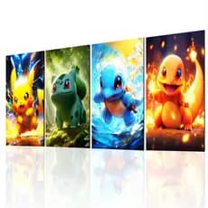 kit 4 Quadros Decorativos  Pokémon Charizard, Pikachu, Squirtle e Bulbasaur