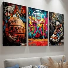 Kit 3 Quadros Arte Urbana, Abstrato Grafiteiro, Graffiti Basquete com Design Aro, Tênis e Bola , Quarto e Sala