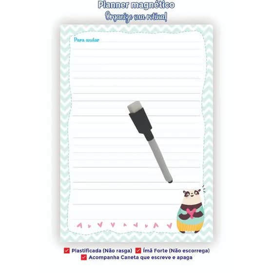 Panda Lousa imã Geladeira 15x20 20x28|Planner Porta Recados Organizador Lista Compras caneta escreve