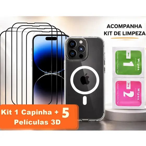 Kit 5 Películas de Vidro 3D + 1 Capa Capinha Magnética Transparente Apple IPhone 11 12 13 14 15 16 17 AIR PRO PROMAX