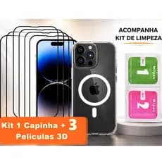Kit 3 Películas de Vidro 3D + 1 Capa Capinha Magnética Transparente Apple IPhone 11 12 13 14 15 16 17 AIR PRO PROMAX