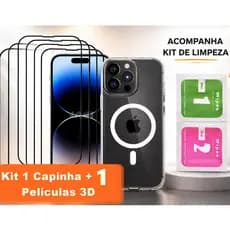 Kit 1 Película de Vidro 3D + 1 Capa Capinha Magnética Transparente Apple IPhone 11 12 13 14 15 16 17 AIR PRO PROMAX