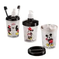 Kit Banheiro Mickey e Minnie - Porta Sabão em Barra - Porta Sabão Líquido - Porta Hastes e Algodão - Porta Escovas e Pasta de Dente