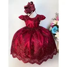 Vestido de Festa Infantil Luxo Vestido Bebê Infantil para Batizado Festas Casamento Daminha Ensaios Marsala Luxo