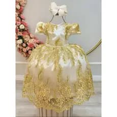 Vestido de Festa Infantil Batizado Aniversário Casamento Batizado Dourado Daminha Vestido Princesa Realeza Infantil Luxo