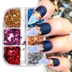 Kit 6 Cores Folha De Ouro Unha Encapsulada Foil Flocos Decoração Gel Acrigel Nail Art Pronto Entrega