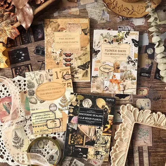 Caderno com 20 Páginas de Adesivos Para Bullet/Journal/Planner/Agenda - Coleção Vintage/Selos/Mapas/Plantas/Flores