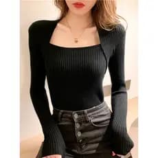 Blusa Manga Longa Feminina Canelada Elegante Casual Meia Estação Básica