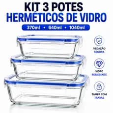 Kit 3 Potes De Vidro Herméticos Resistente Travas Marmita Alta Vedação Retangular 1040ML 640ML 370ML