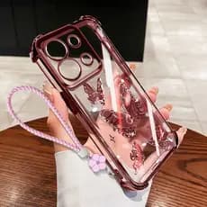 Capa De Telefone VRQR Para Xiaomi Redmi Note 13 Pro 4G 5G Poco M6 X6 5G Quatro Borboletas Com Corda De Flor Transparente