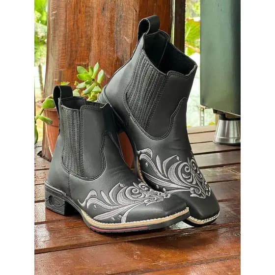 Botina Bota Country Texana Feminina Bordado Floral Cinza Roça Rodeio Cowboy Peão Envio Já