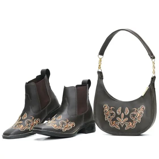 Kit Bota Botina Feminina + Bolsa Bolsinha Feminina Country Rodeio Festa Bordado