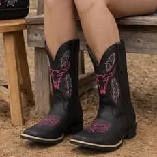 Bota Botina Texana Country Feminina Cano Medio Bico Quadrado Bordado Boi
