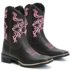 Bota Botina Texana Country Feminina Cano Medio Bico Quadrado Marrom Bordado