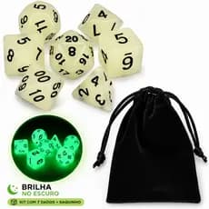 Conjunto 7 Dados RPG D&D Verde Brilha No Escuro D4 D6 D8 D10 D12 D20 Bolsa Dungeons and Dragons