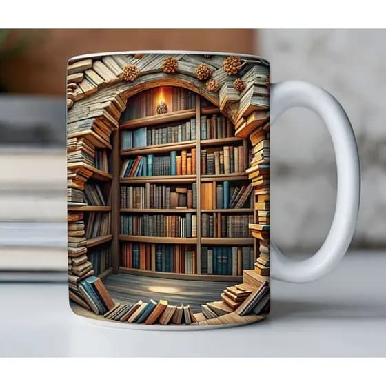 Caneca personalizada arte 3D Livros book biblioteca caneca de porcelana efeito 3D estantes xícara branca sublimação
