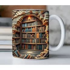 Caneca personalizada arte 3D Livros book biblioteca caneca de porcelana efeito 3D estantes xícara branca sublimação