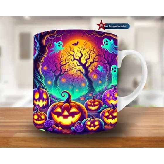 caneca personalizada arte realista efeito 3D halloween bruxa caneca de porcelana xícara abóbora Castelo esqueleto