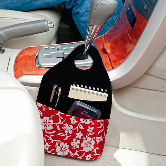Lixeira para Carro Automático com Bolso Multifuncional Flores Damasco Fundo Vermelho