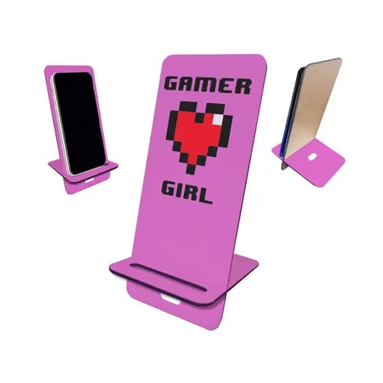 Suporte de Mesa para Celular Mdf Sublimado Gamer Girl Coração Rosa