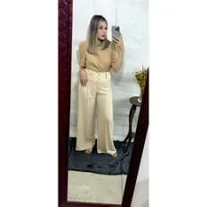 Calça Pantalona Com Botões Feminina Elegante Cintura Alta Alfaiataria