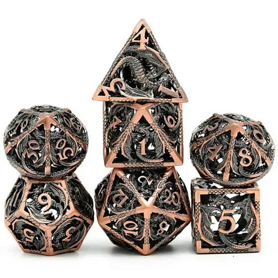 Kit 7 Dados RPG Metal Dragão Cor Cobre Bronze Poliedricos D&D Dungeons and Dragons Pathfinder