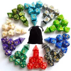 Kit 7 Dados Marmorizados com Bolsa PROMO - Conj. para RPG D&D Pathfinder Várias Cores Dungeons and Dragons Tabuleiro
