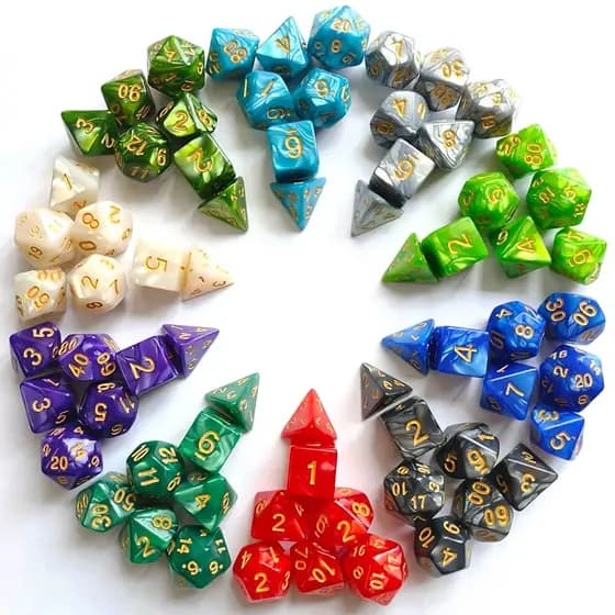 Kit 7 Dados Marmorizados PROMO - Kit para RPG D&D Pathfinder Várias Cores Dungeons and Dragons Jogos de Tabuleiro